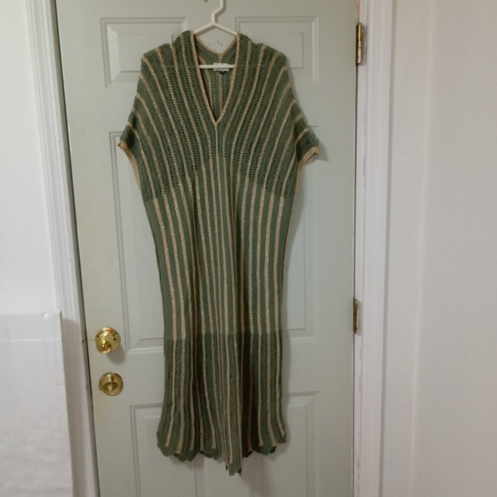 Floris Italian Sage Green Gold Metallic Striped V Neck Cover Up Dress S/M